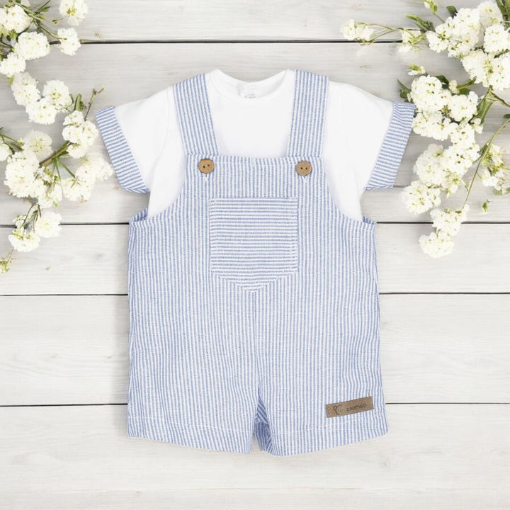 Calamaro White Top & Blue Stripe Dungaree Romper Set