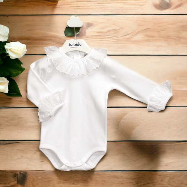 Ruffle Collar Long Sleeve White Bodysuit