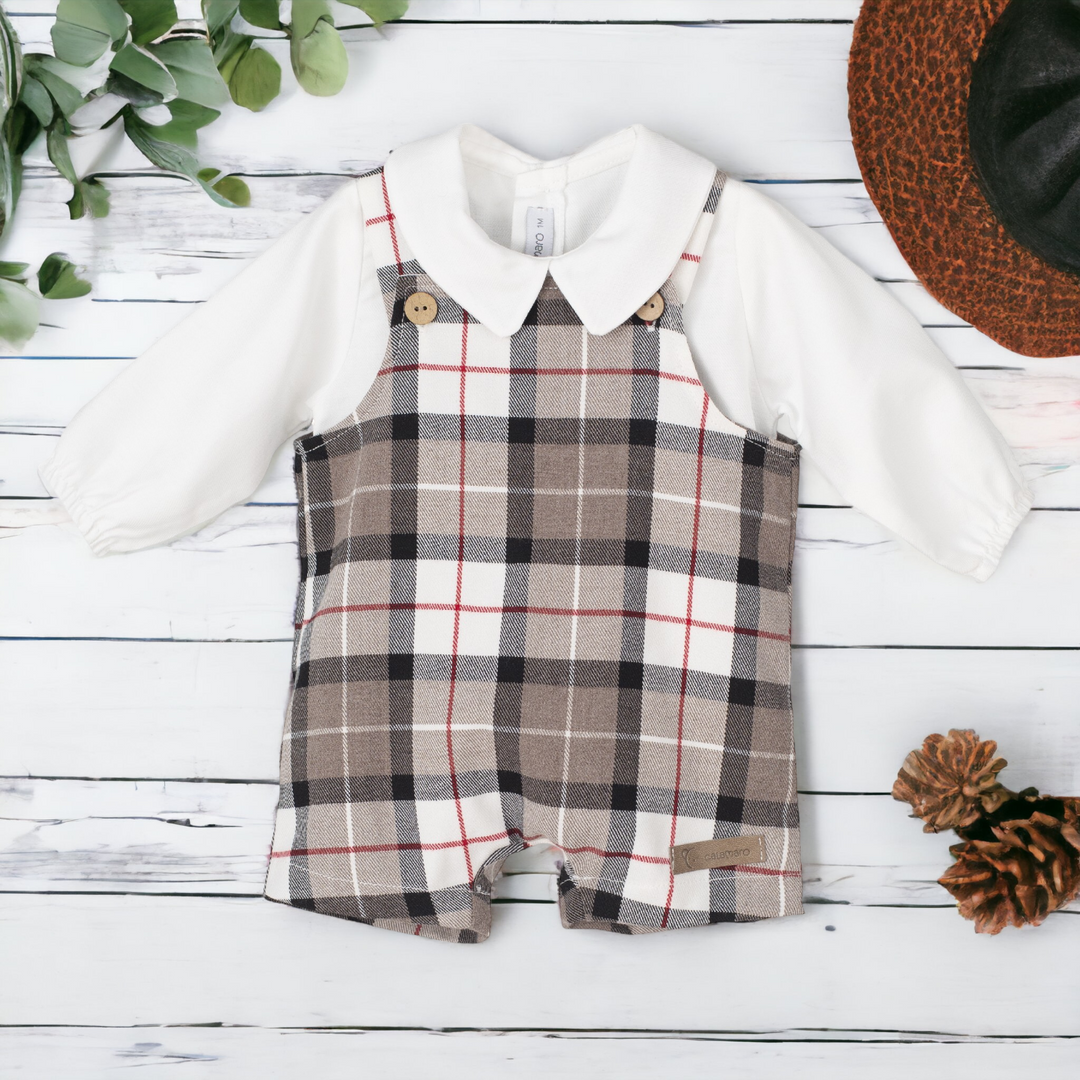 Beige & Cream Tartan Dungaree Romper