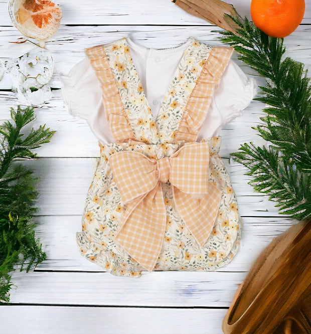 Peach & White Floral Dungaree Romper Set Back