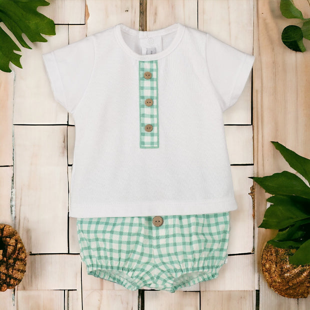 White Top & Green Gingham Jam Pants Set