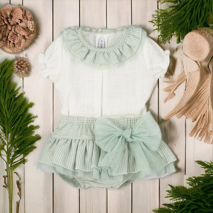 Ivory & Mint Ruffle Top & Bloomers Set