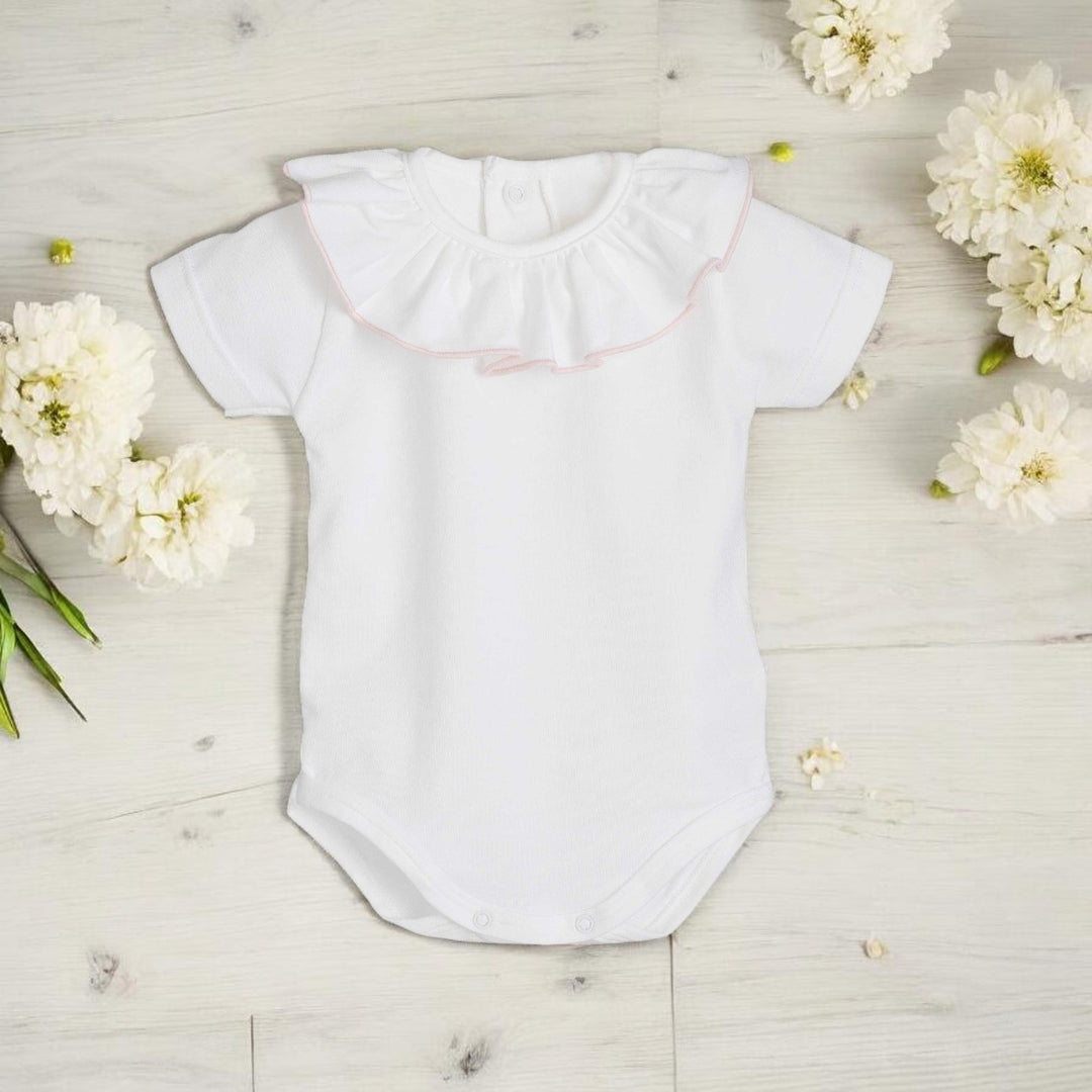 Calamaro White Ruffle Bodysuit & Peachy Pink Trim