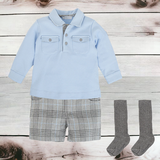 Blue Polo & Grey Check Shorts Set