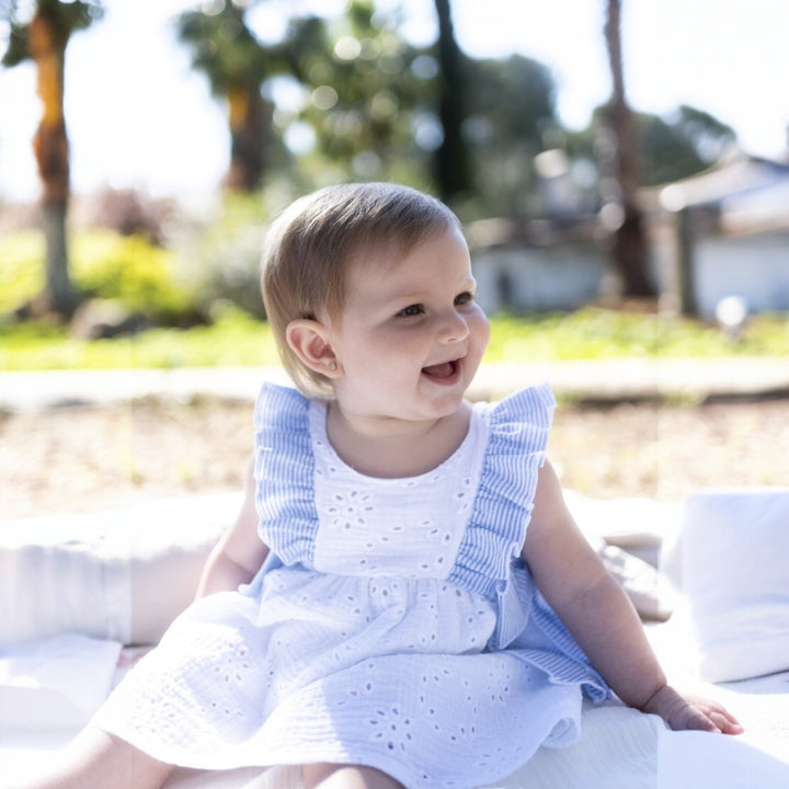 Calamaro White & Blue Broderie Anglaise Dress