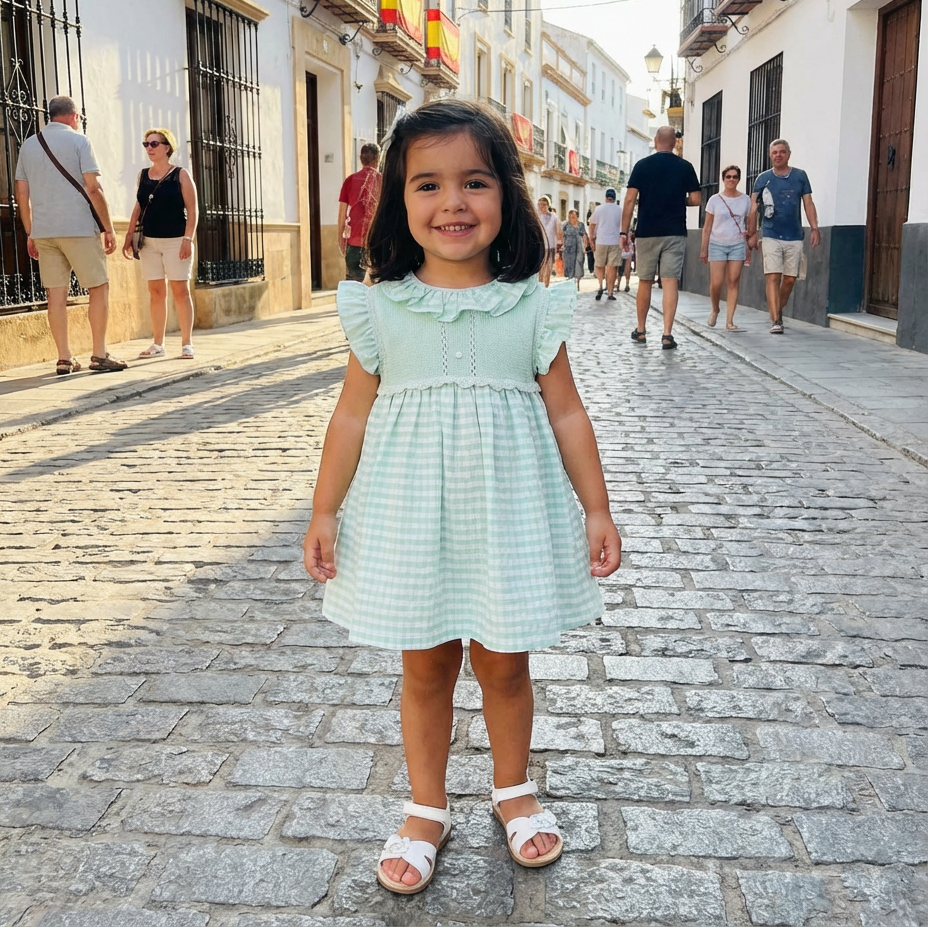 Young girl in a green and white stripe dress standing on a cobblestone street with people and Spanish flags in the background.