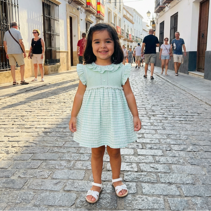 Young girl in a green and white stripe dress standing on a cobblestone street with people and Spanish flags in the background.