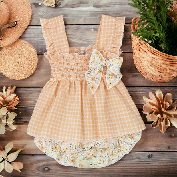 Peach & White Gingham Top & Floral Bloomers