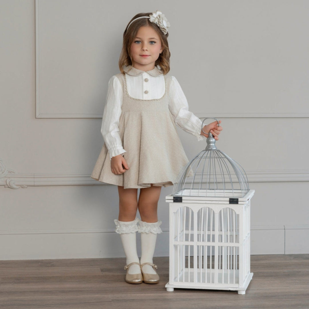 Miranda Girls Ivory & Beige Pleated Dress