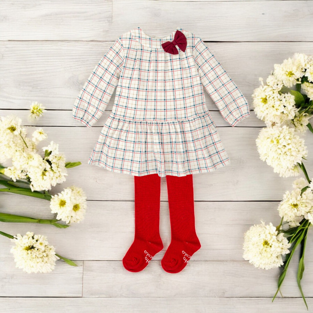 Tutto Piccolo White Burgundy & Teal Check Dress & Tights