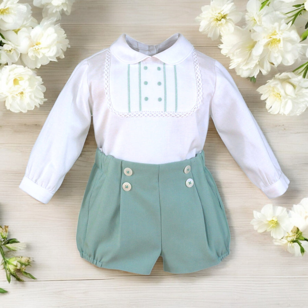 Miranda White & Green Shirt & Shorts Set