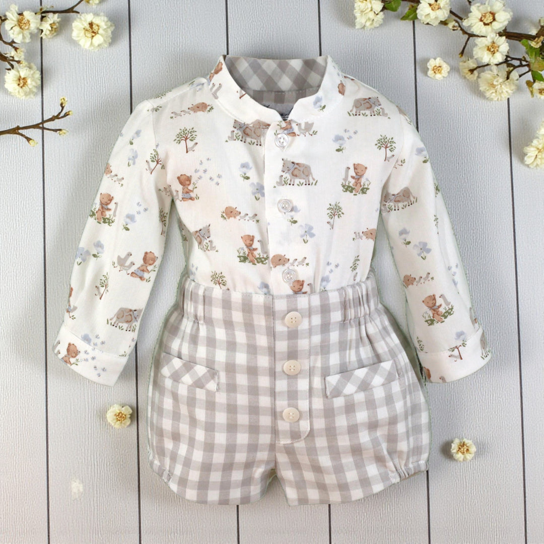Miranda White Animal Print Shirt & Grey Gingham Shorts