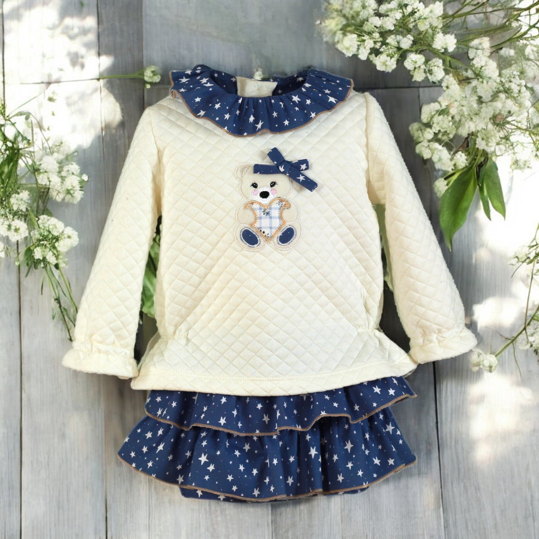 Miranda Cream & Blue Quilted Top & Ruffle Bloomers