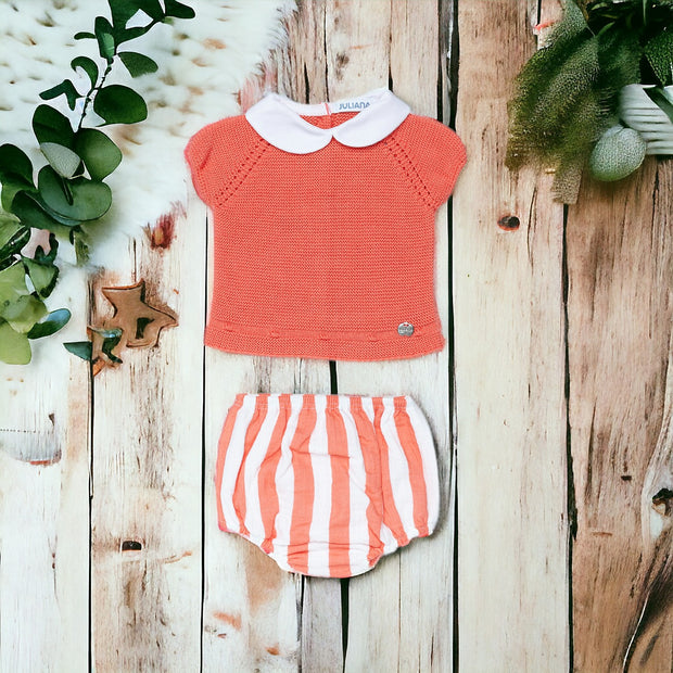 Coral & White Knitted Jam Pants Set