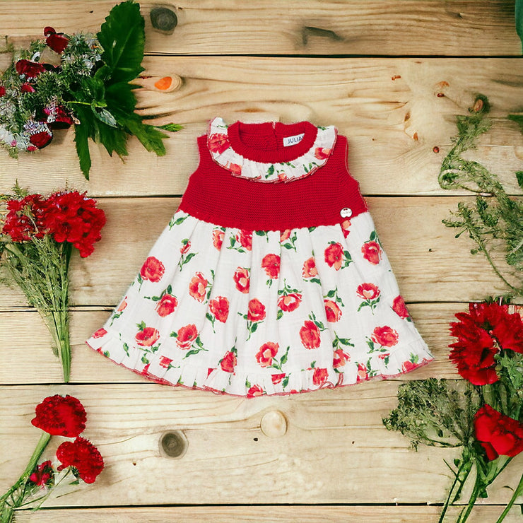 Red floral Half Knit Ruffle Dress