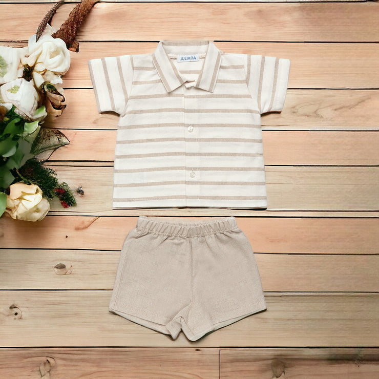 Beige & Cream Stripe Shirt & Shorts Set