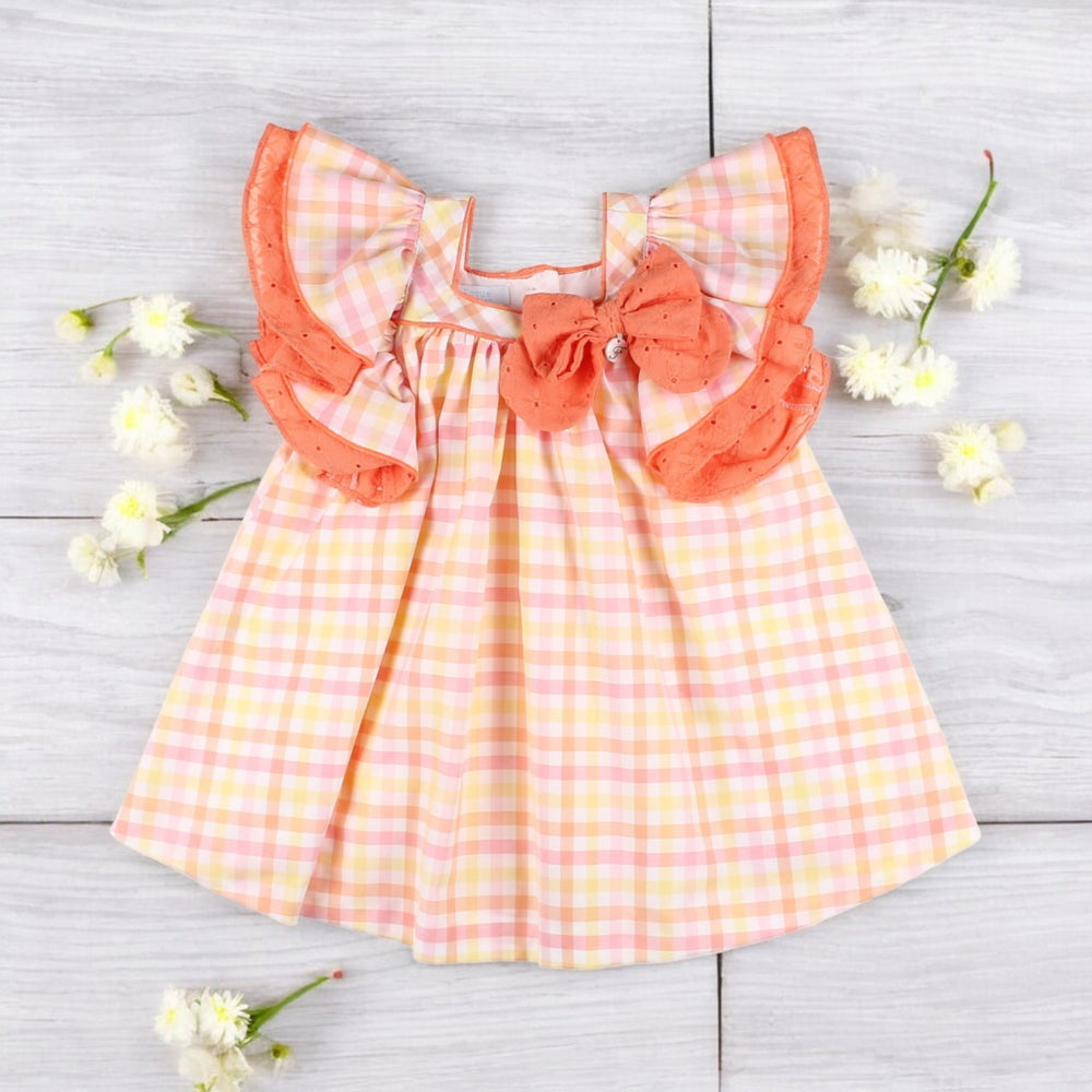 Foque Pastel Peach Lemon & White Gingham Dress