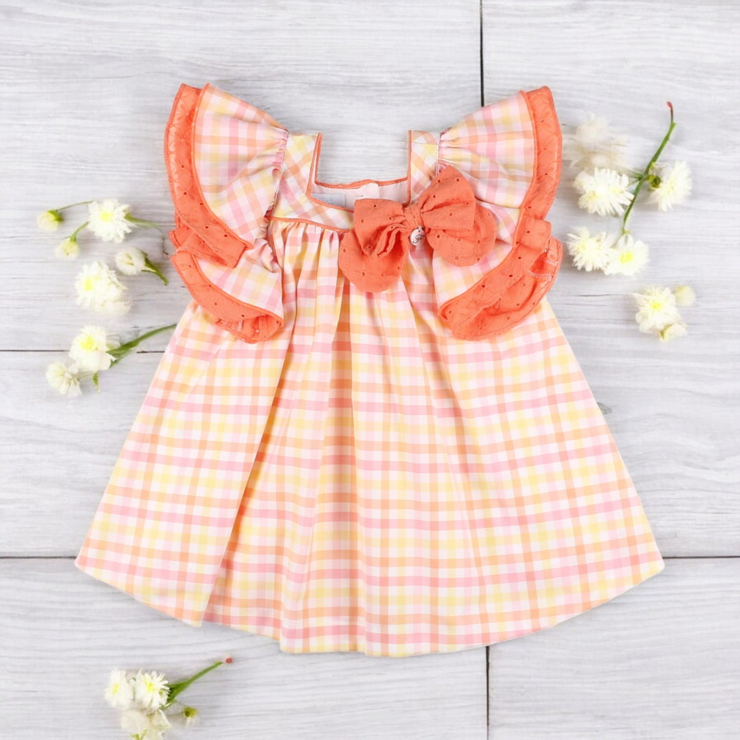 Foque Pastel Peach Lemon & White Gingham Dress