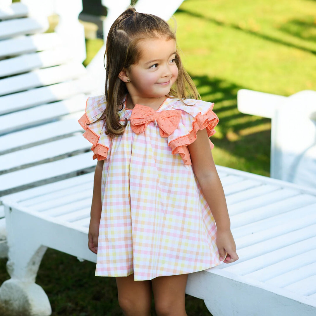 Foque Pastel Peach Lemon & White Gingham Dress