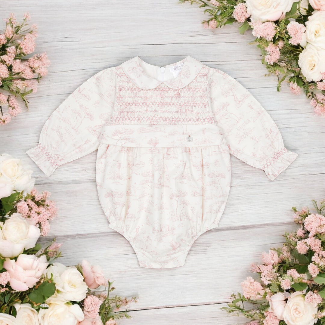 Deolinda Pink Toile De Jouy Smocked Romper