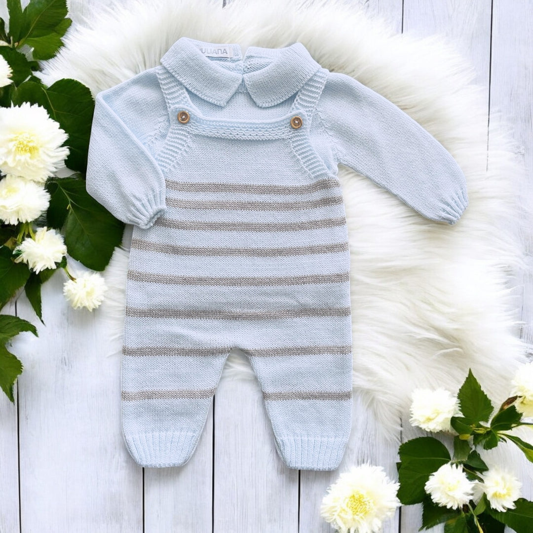 Juliana Blue & Grey Stripe Knitted Dungaree Set