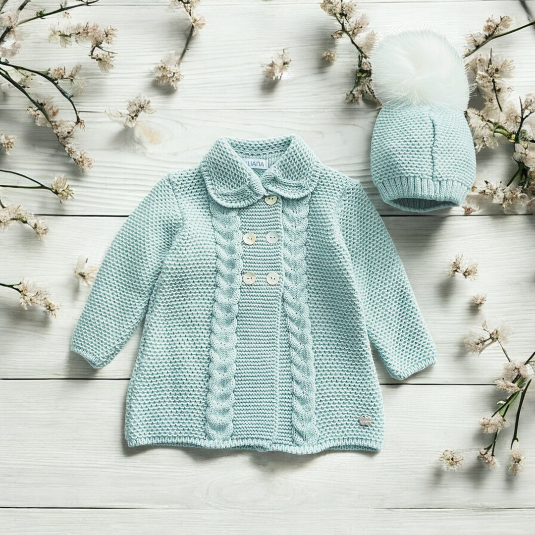 Juliana Mint Green Knitted Coat & Faux Fur Pom Hat