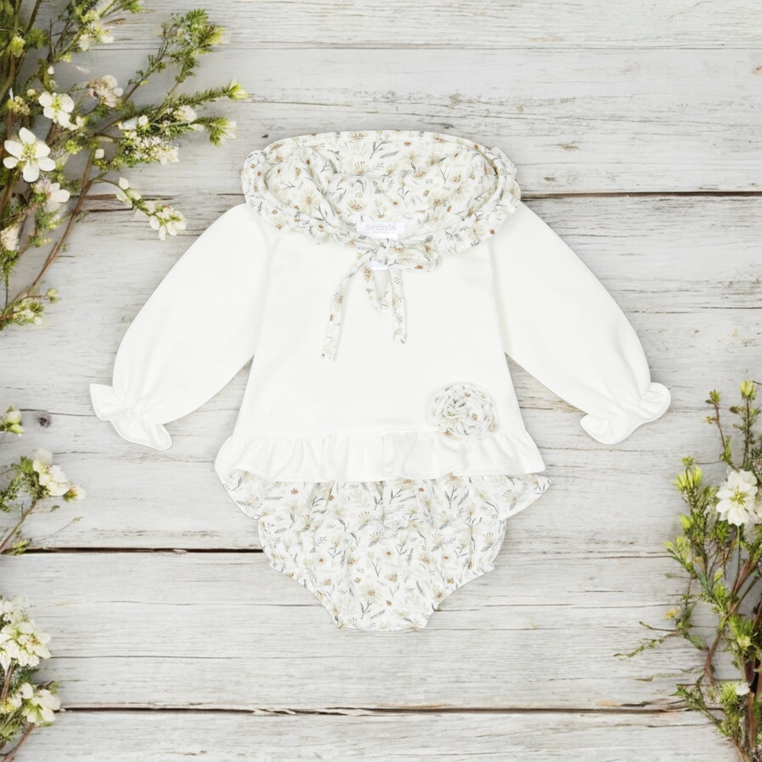 Deolinda Ivory Hooded Top & Ruffle Floral Bloomers