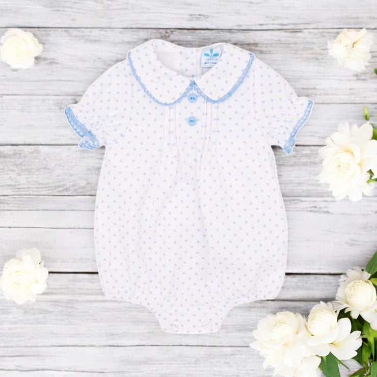 Sardon White & Blue Polka Dot Romper
