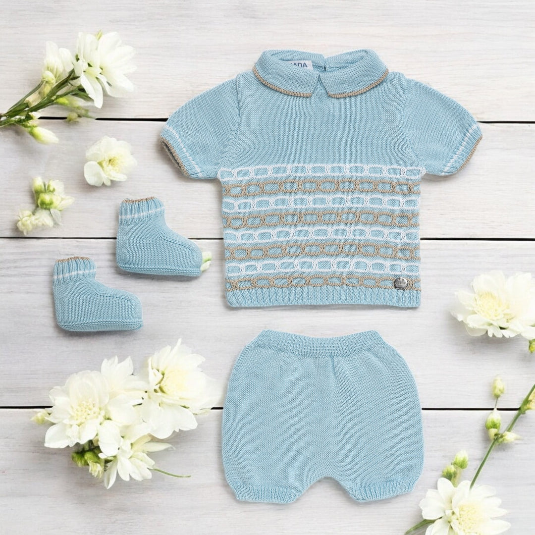 Juliana Blue White & Beige Knitted Top & Short Set