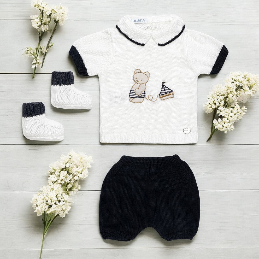 Juliana White & Navy Knitted Bear Top & Short Set