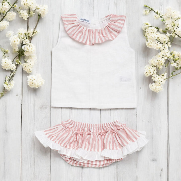 White Blouse & Pink & White Candy Stripe Bloomer Skirt