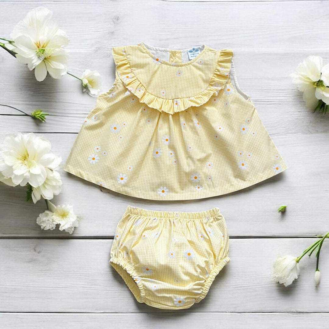 Sardon Yellow & White Daisy Print Dress & Bloomers