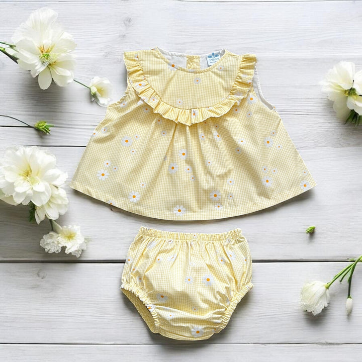Sardon Yellow & White Daisy Print Dress & Bloomers