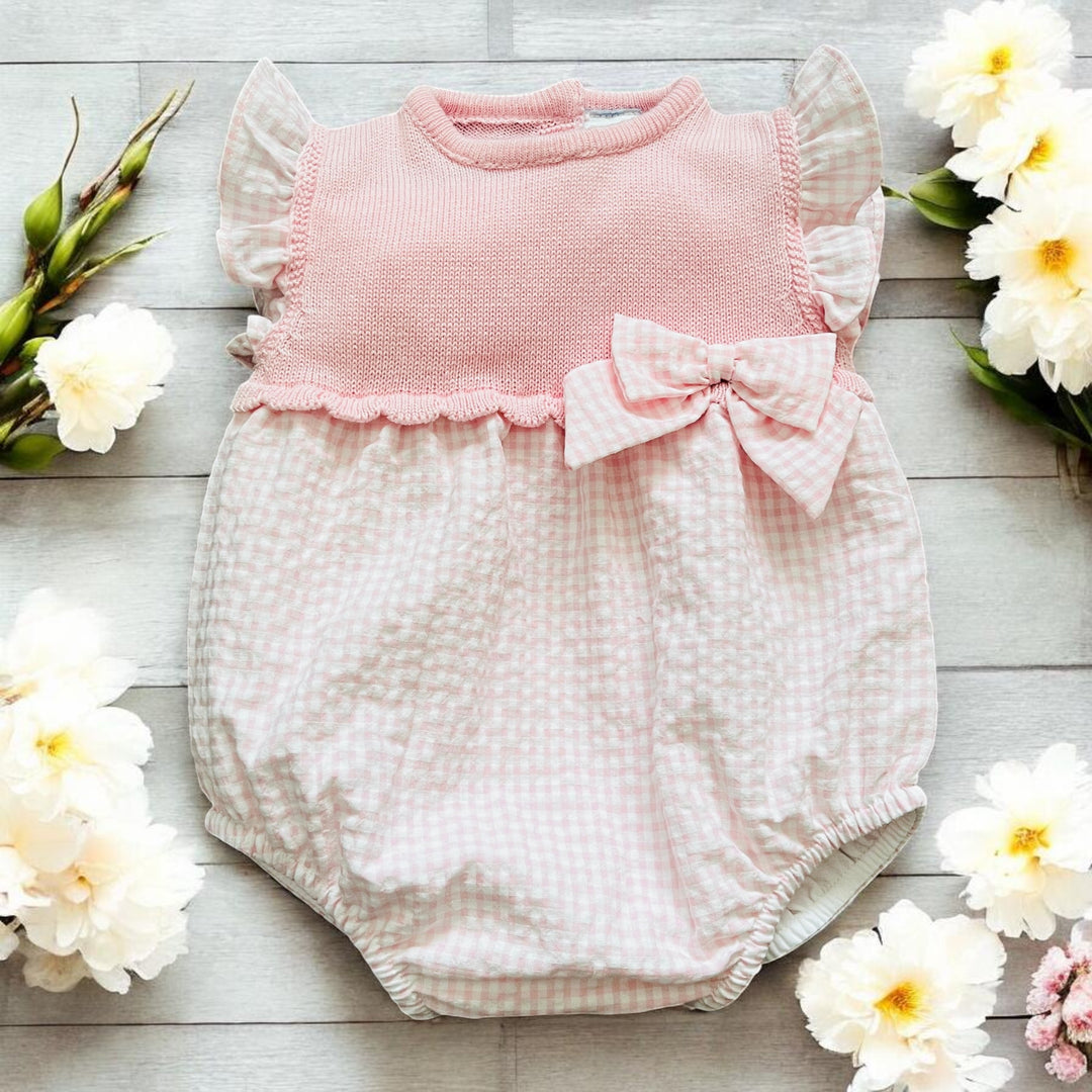 Sardon Pink Half Knit & Gingham Romper