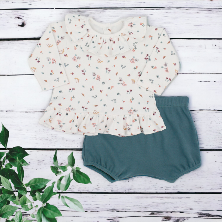 Cream Mushroom Ruffle Top & Green Bloomers