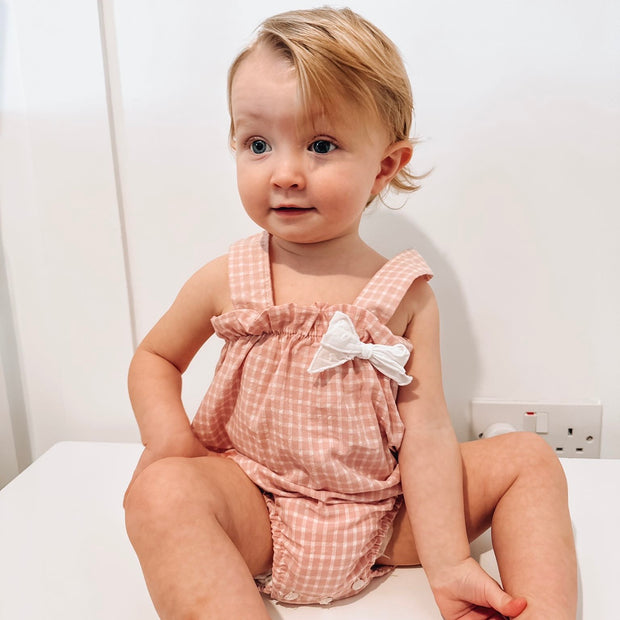 Pink & White Check Dungaree Romper
