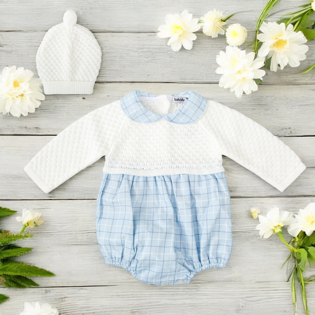 Babidu White Half Knit Romper & Hat