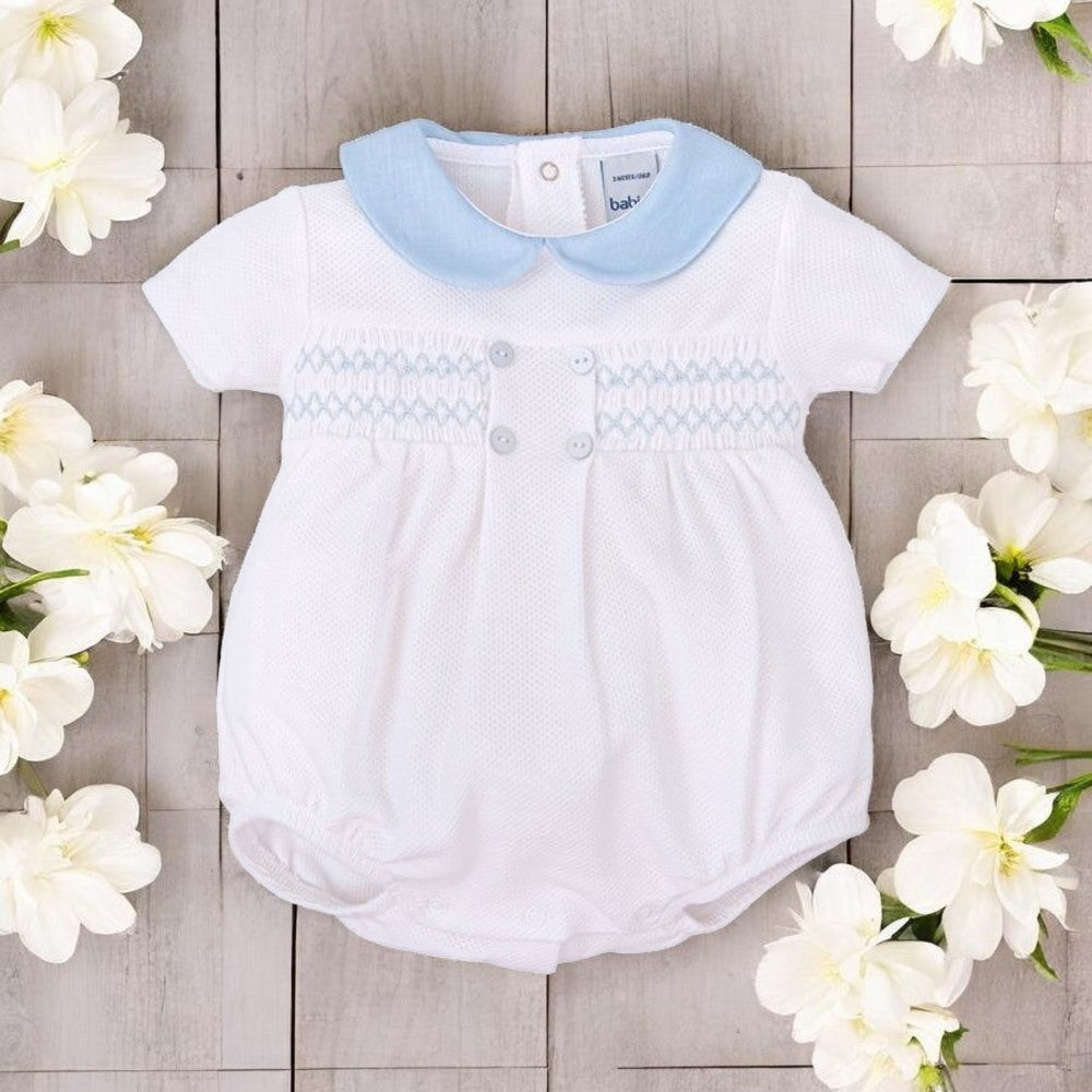 Babidu White & Dusky Blue Pique Romper