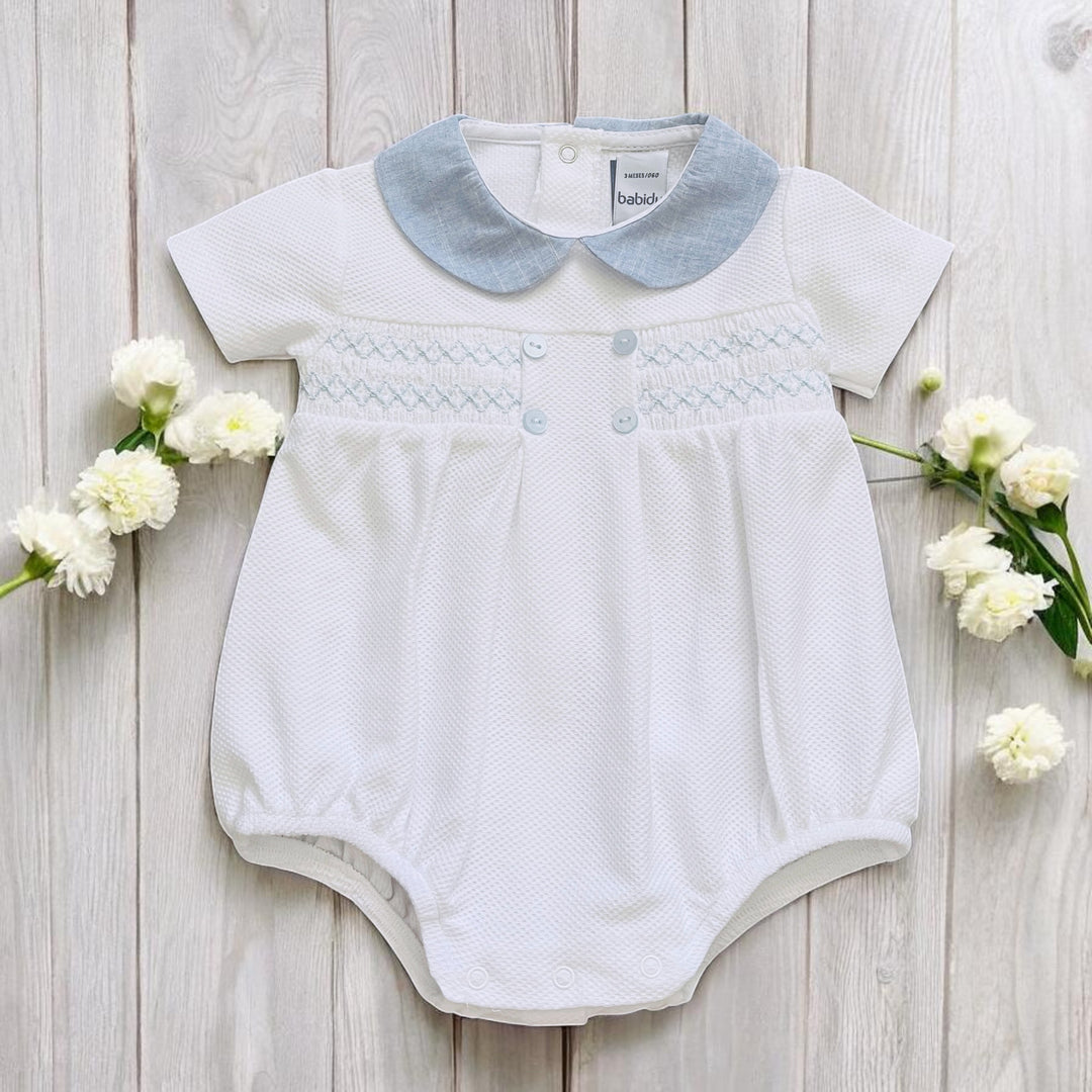 Babidu White & Dusky Blue Pique Romper