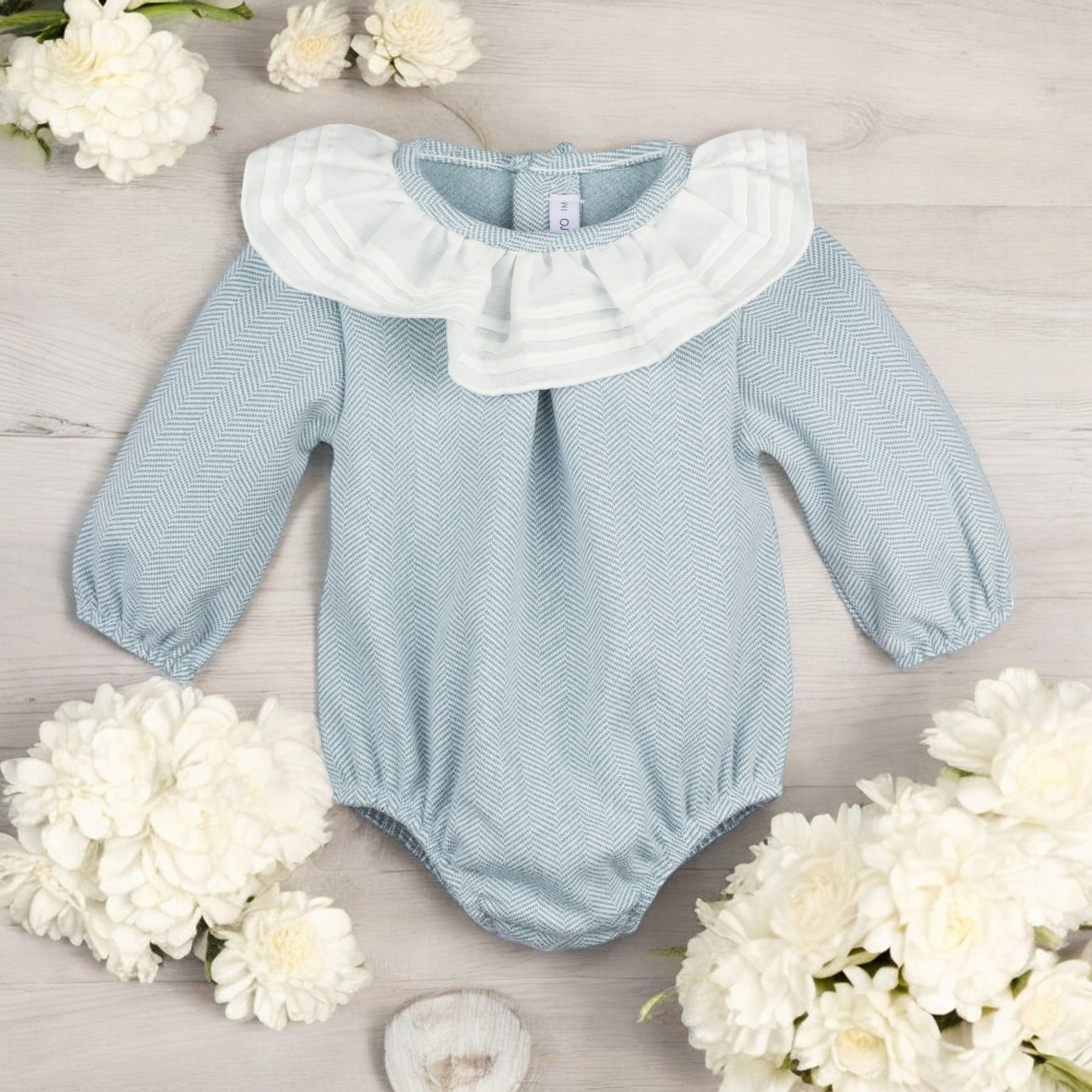 Calamaro Duck Egg Blue Romper Bows Baby Boutique