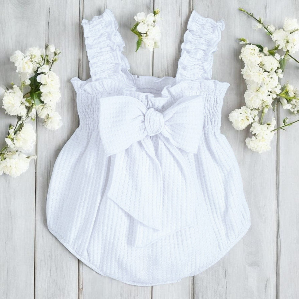 Calamaro White Waffle Bow Romper Back