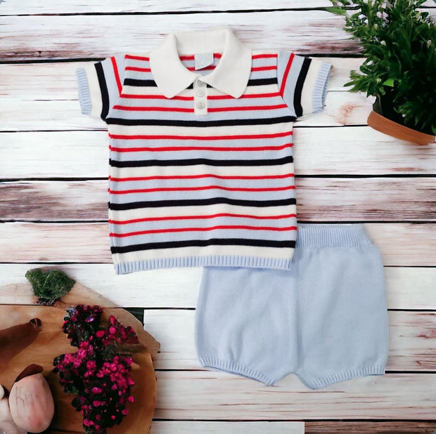 Blue & White Stripe Knitted Short Set