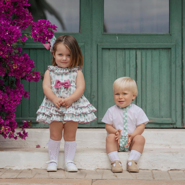 Miranda Purple & Green Garden Ruffle Dress & Bloomers
