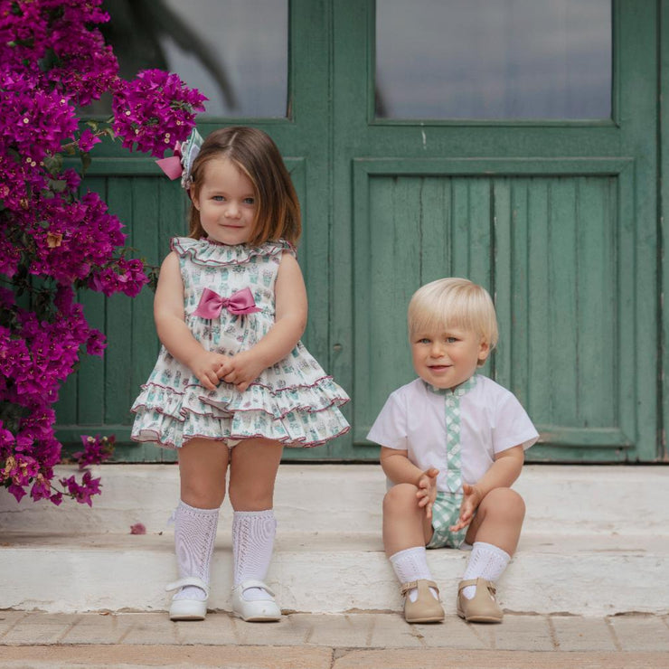 Miranda Purple & Green Garden Ruffle Dress & Bloomers