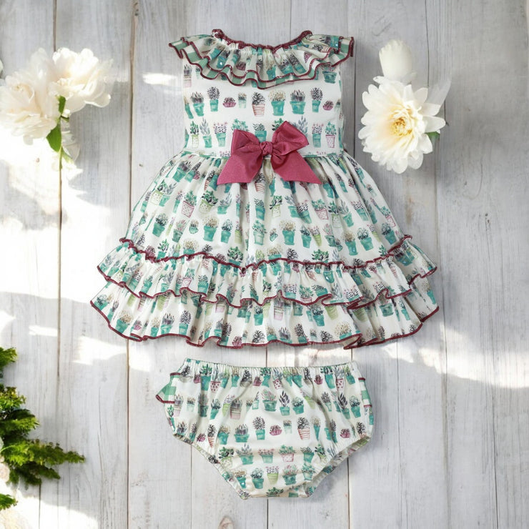 Miranda Purple & Green Garden Ruffle Dress & Bloomers Front