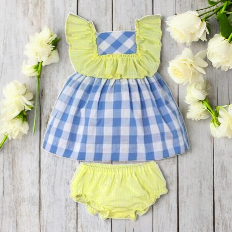 Miranda Blue & White Check Sleeveless Dress & Bloomers