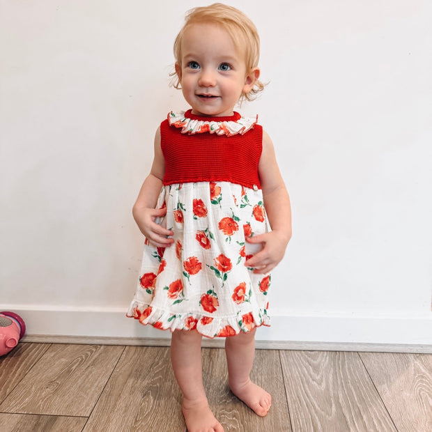 Red floral Half Knit Ruffle Dress
