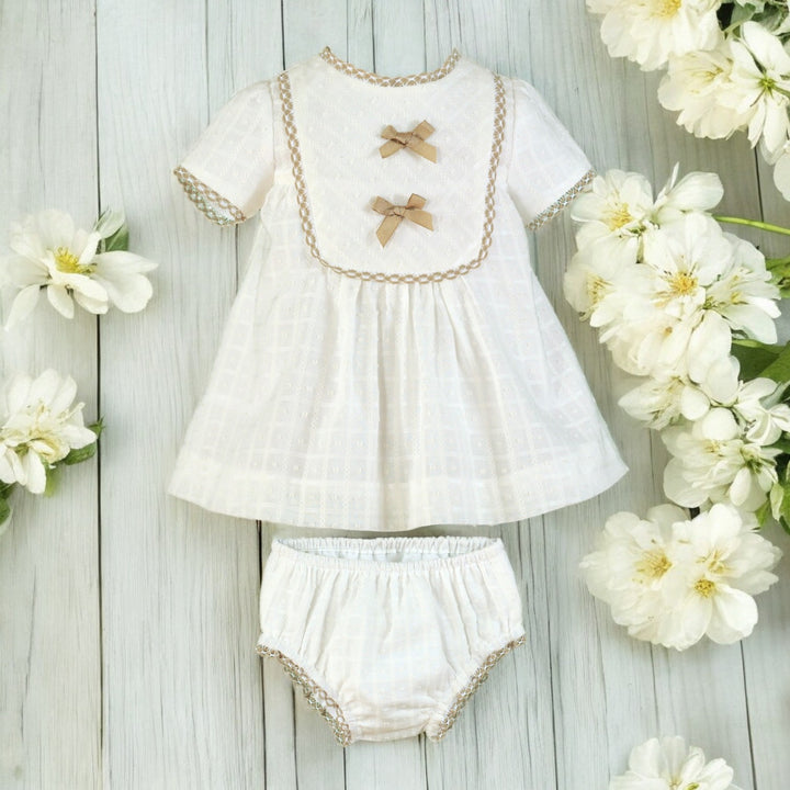 Miranda White & Camel Dress & Bloomers