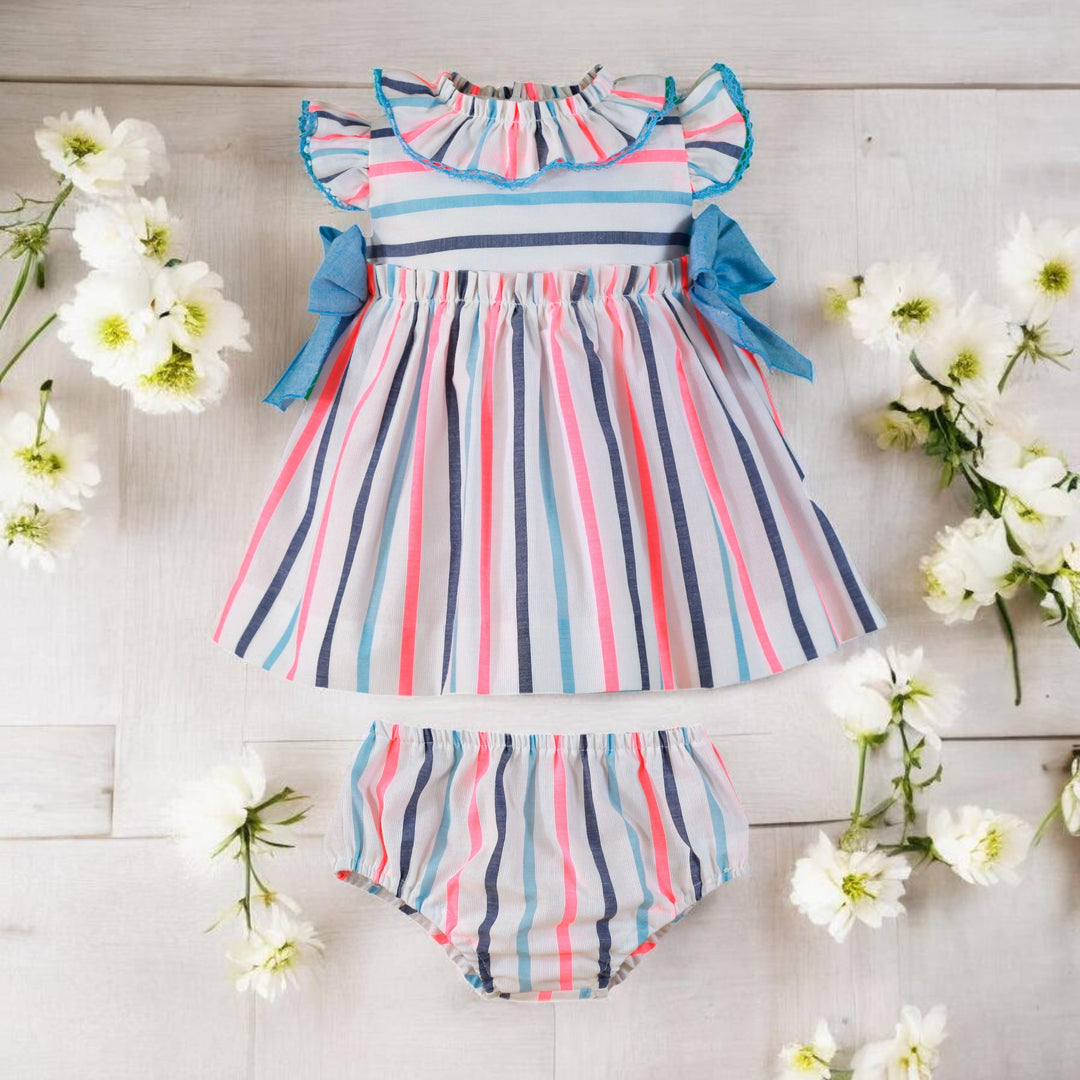 Miranda Pink Blue & White Stripe Dress & Bloomers
