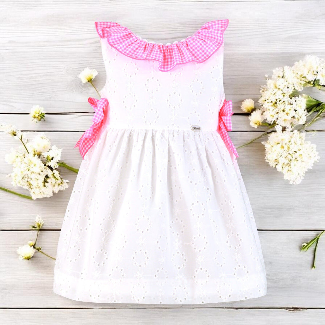 Miranda Girls White Broderie Anglaise & Pink Neon Dress